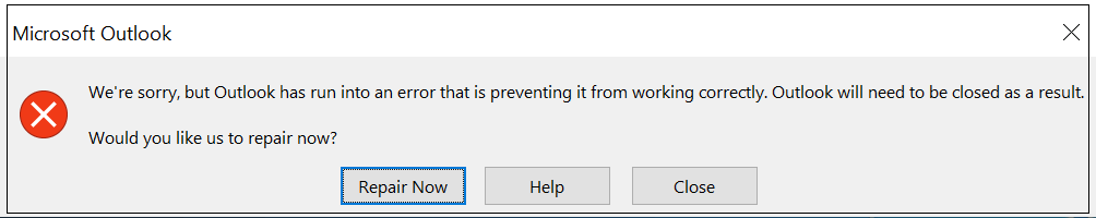 Fix: We're sorry Outlook has run into a problem