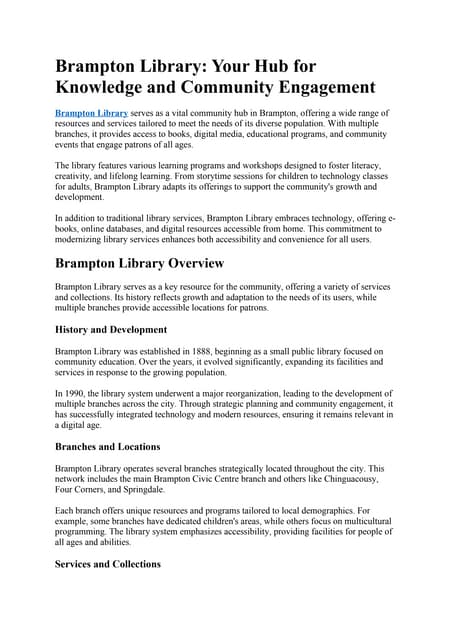 Brampton Library: Your Hub for Knowledge and Community Engagement | PDF